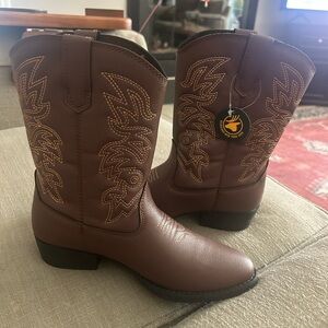 •NWT Deer Stags Kids' Ranch Cowboy Boot Brown Size 3M Pull On Tabs Midcalf